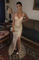 Sparkly Mermaid V-Neck Sleeveless Sequins Long Prom Dresses